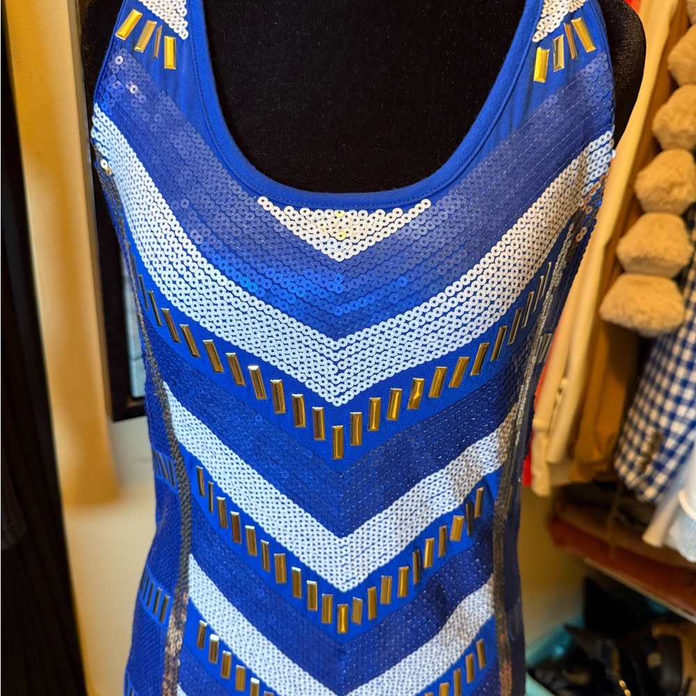 bebe Blue and White Sequin Tank Top